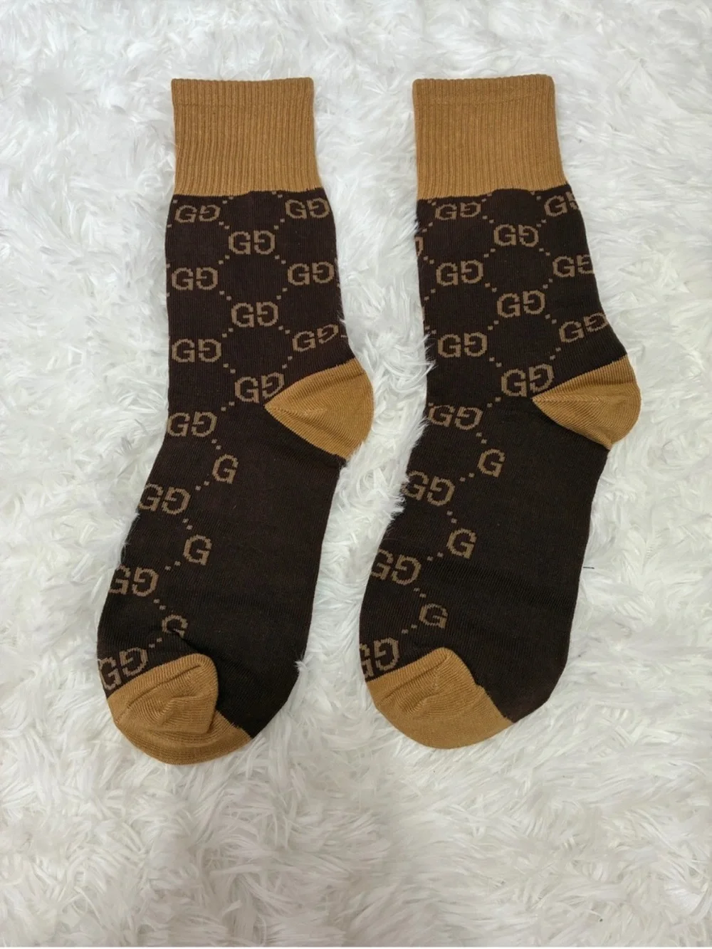 Gucci Brown and Tan GG Logo Crew Socks